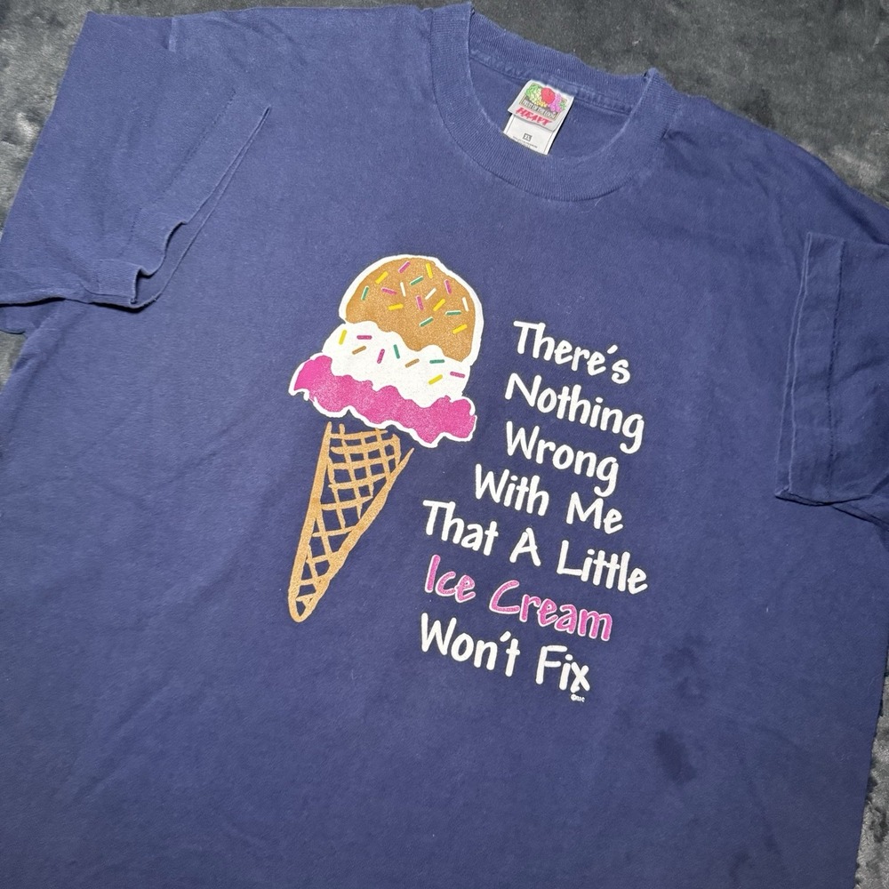 Vintage Fruit Of The Loom Single Stitch Ice Cream T Shirt Mens XL USA Made Blue